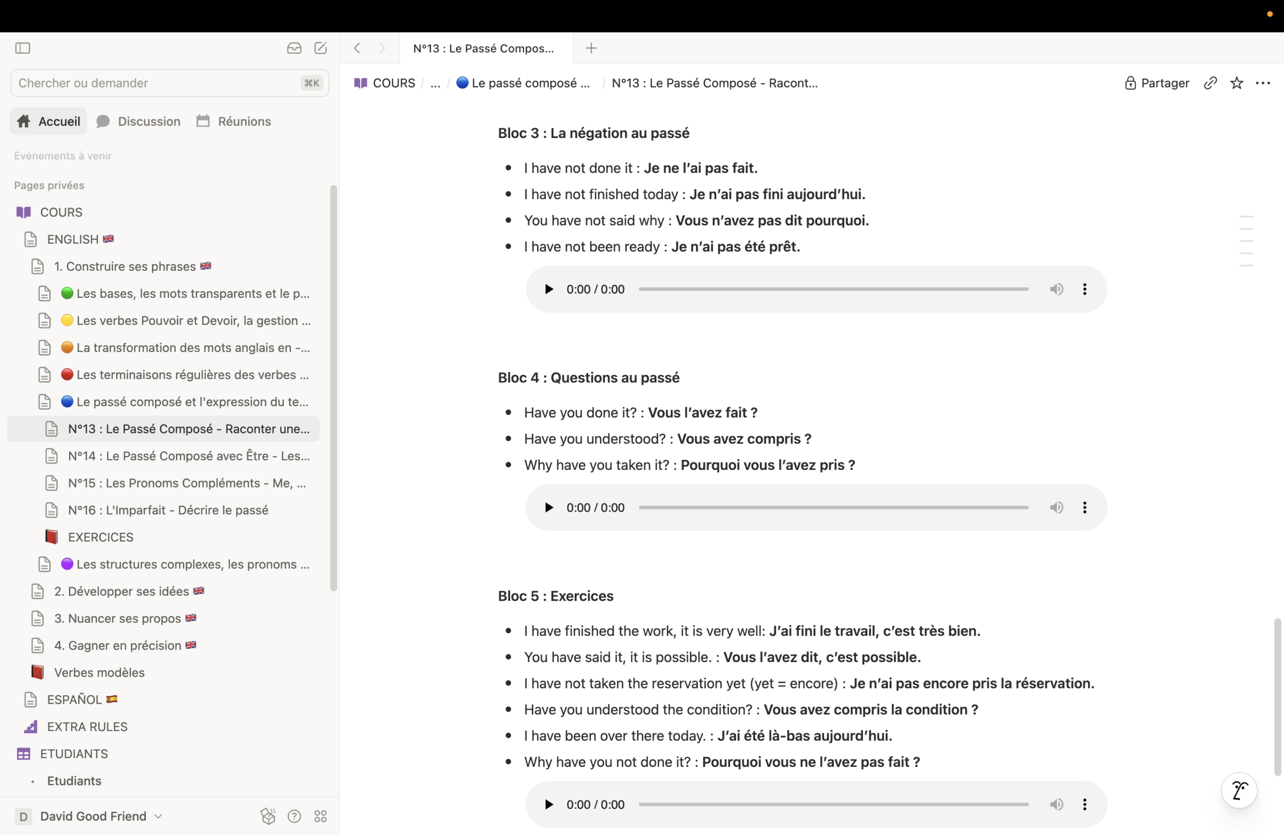 Extrait de mon support sur le passé composé : négation, questions et exercices, avec phrases en anglais et en français.
